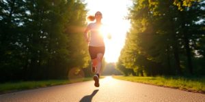 Person exercising outdoors with bright sunrise.
