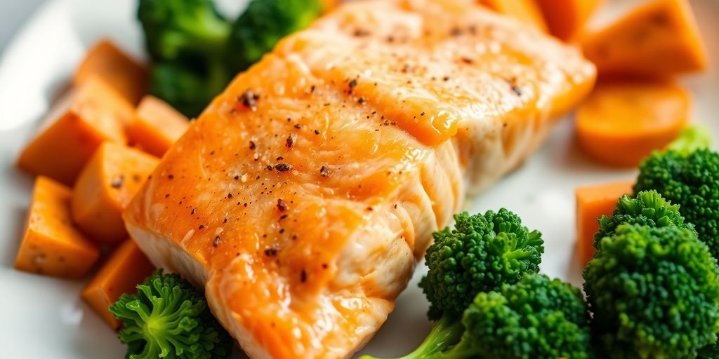 Colorful plate with salmon, broccoli, and sweet potato.